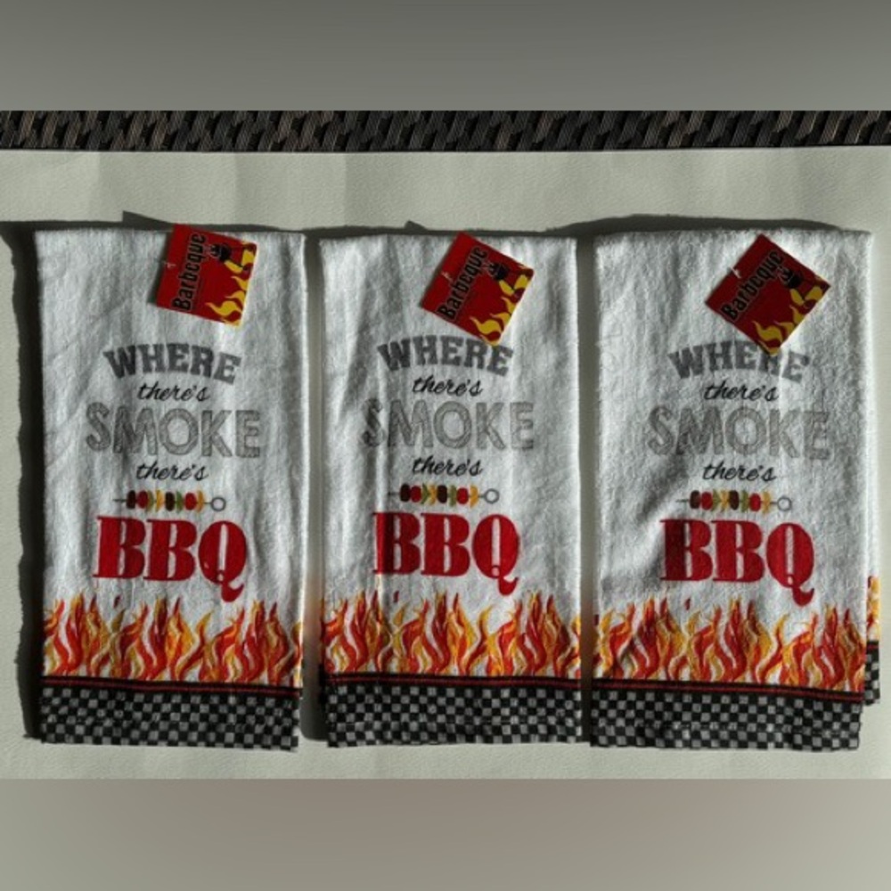 BBQ Kitchen Towel - White with Red & Flame Design